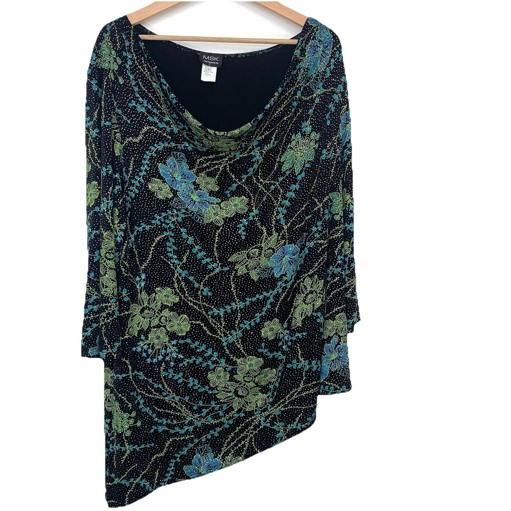 MSK Slinky Knit Sparkle Floral Top Woman 1X Drape Neck Asymmetric Hem Event